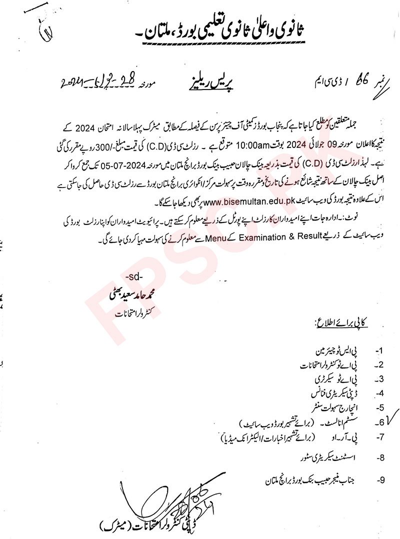 10th Class Result 2025 Multan Board By Roll No