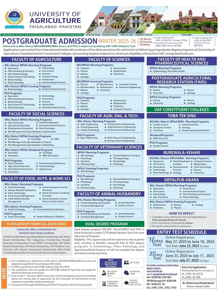 UAF PG Admission Advertisement